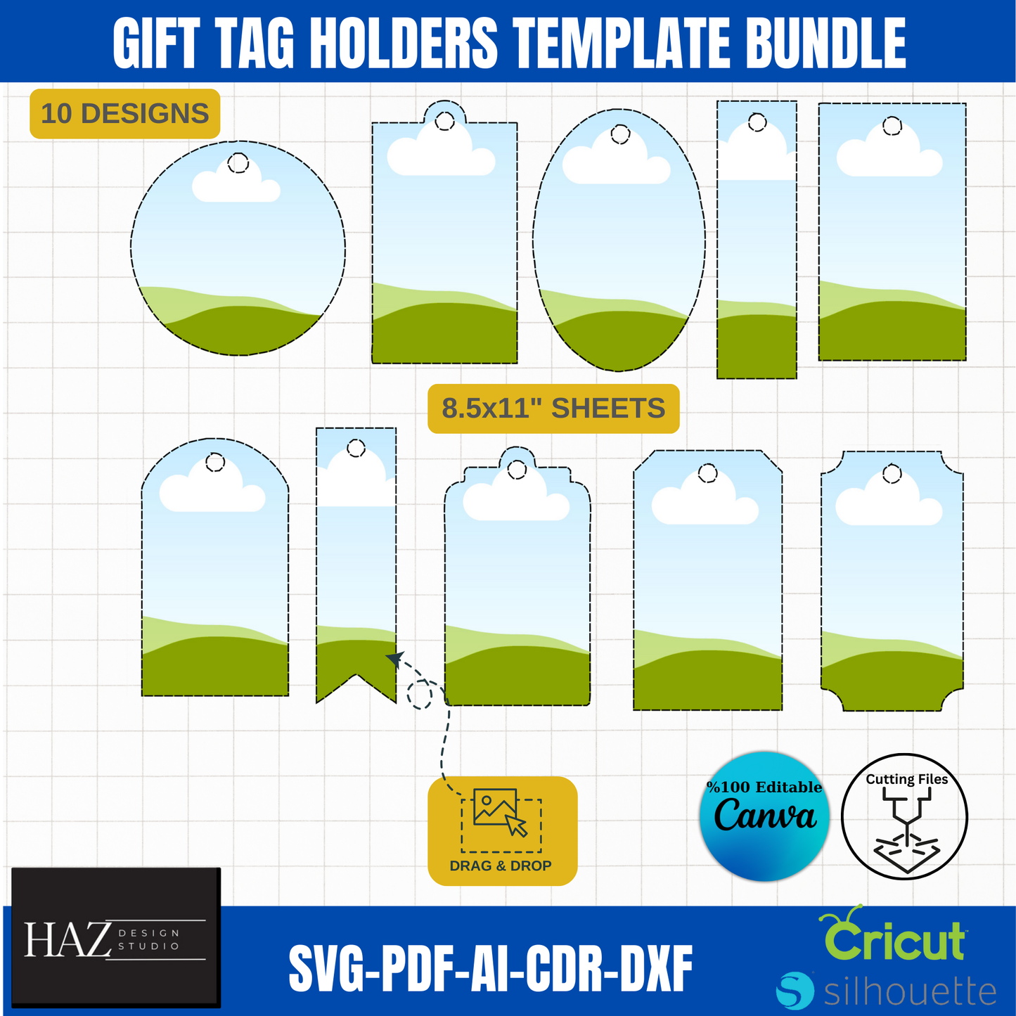 Gift Tag Holders Template Bundle SVG PDF DXF - 10 Unique Designs for Cricut & Silhouette - Editable in Canva - 8.5x11 Sheets 379