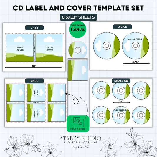 Customizable CD Label & Case Template Bundle | 100% Editable for Canva, Cricut | Includes svg, PDF, ai 891