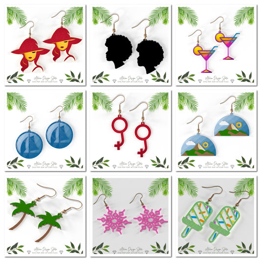 Stylish Hat, Afro Silhouette, Cocktail,Sailboat, Gender Symbols, Palm Tree, Snowflake, Mountain Earrings - Unique Jewelry Design Set 661