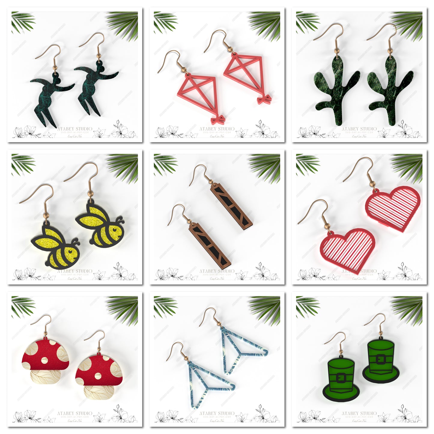 Creative Earring Design Collection - Bird, Kite, Cactus, Bee, Heart, Mushroom, Leprechaun Hat Designs 865