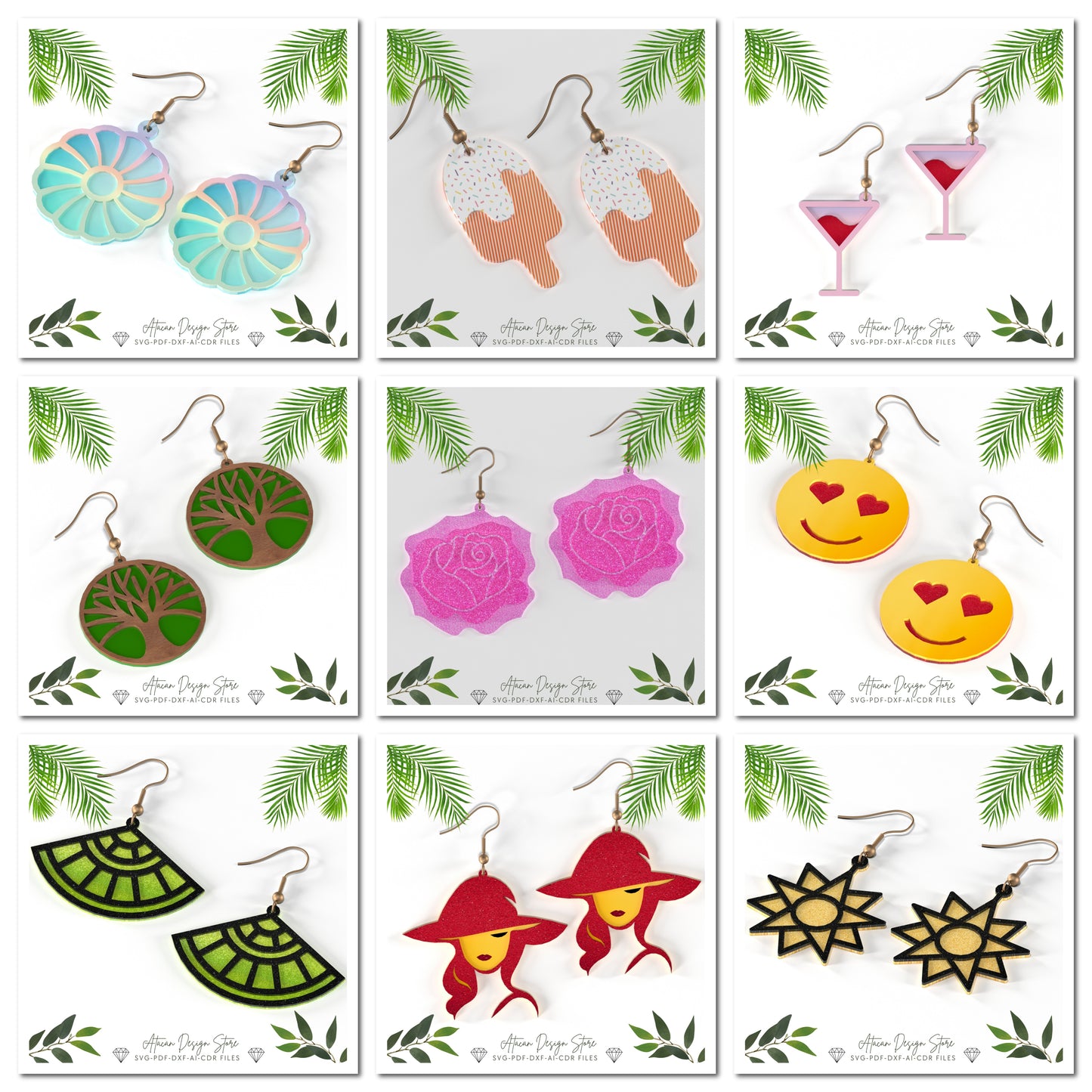 Earring SVG Collection - Flower, Ice Cream, Martini, Tree, Rose, Emoji Designs - Sunburst, Lady With Hat, Fan, Tree, Rose, Ice Cream 664