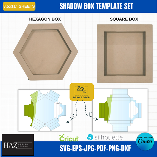 Hexagon Square Shadow Box Template Set for Cricut - Silhouette, Drag Drop Canva Design, DIY Crafts, Custom Box Making Kit 357