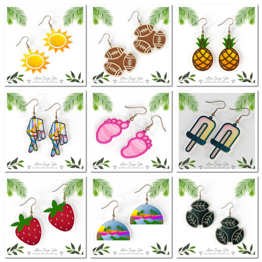 Summer Earring Template Set - 9 Fun Designs Ice Cream , Sports, Baby Feet, Strawberries, Sun, Pineapple, Football - DIY Jewelry Designs 660