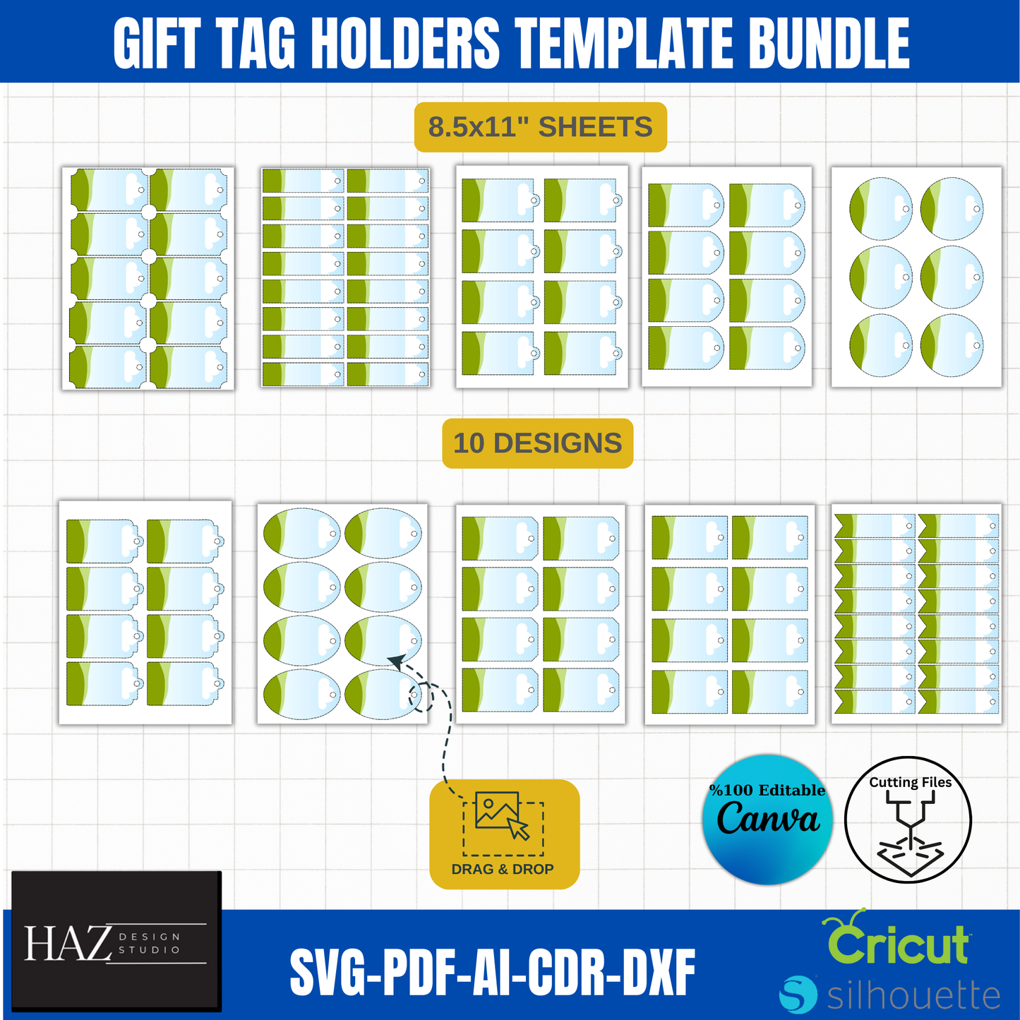 Gift Tag Holders Template Bundle SVG PDF DXF - 10 Unique Designs for Cricut & Silhouette - Editable in Canva - 8.5x11 Sheets 379