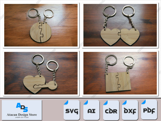 Puzzle Piece Keychain Laser Cut Files - Interlocking Heart & Keyring Puzzles Design SVG, DXF 392