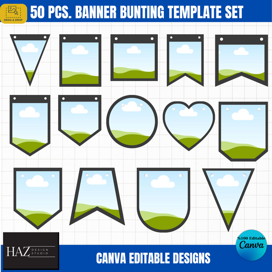 50 Pcs Banner Bunting Template Set - Canva Editable Designs for DIY Party Decor & Event Styling 358