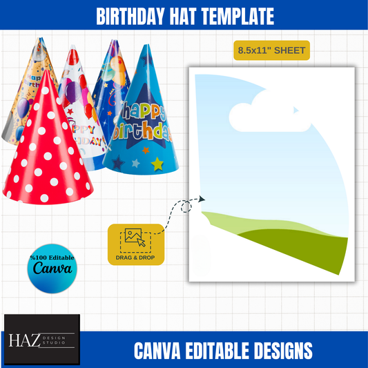 Birthday Hat Template | DIY Party Hat Design, Editable in Canva | 8.5x11 Printable Sheet | Kids & Adults 364