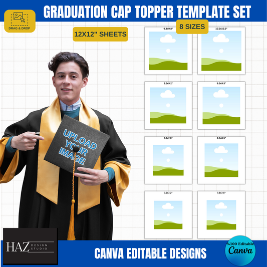 Graduation Cap Topper Template Set – 8 Editable Canva Designs in 12x12” for Memorable Grad Moments 360