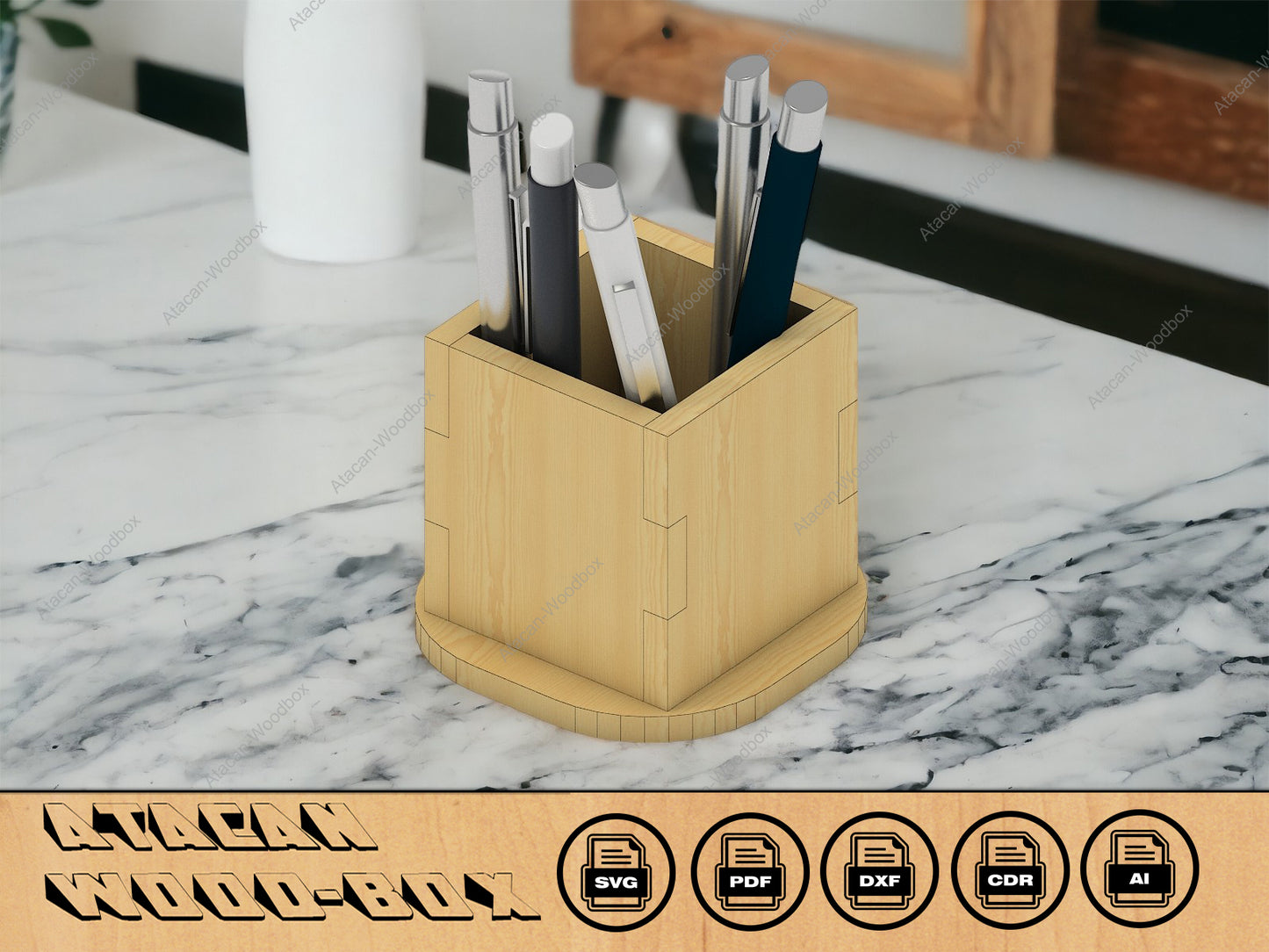 Pencil Holder Laser Cut SVG File - Wood Desk Organiser Accessories - Download Glowforge SVG Template 068