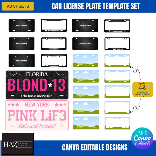 Customizable Car License Plate Frame Template Set | Editable Canva Designs | 10 Unique Styles 354