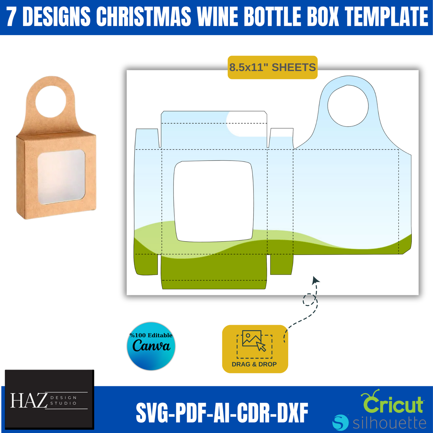 Christmas Wine Bottle Box Template Set with 7 Festive Designs | SVG-DXF-PDF Compatible with Canva & Cricut 371