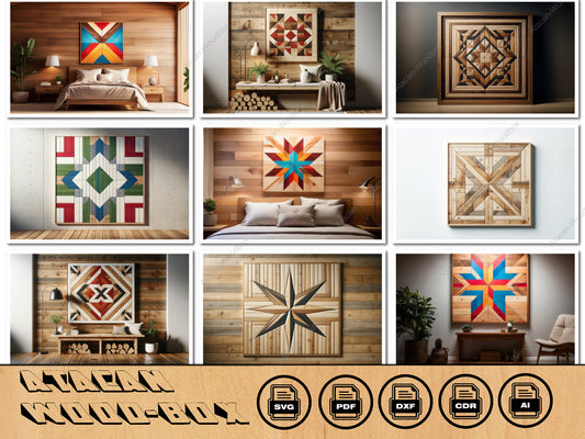 Digital Barn Quilt Patterns Bundle, Rustic Home Decor Woodwork Designs, Intricate Farmhouse Wall Art SVG PDF DXF Files for Laser Cutting 424