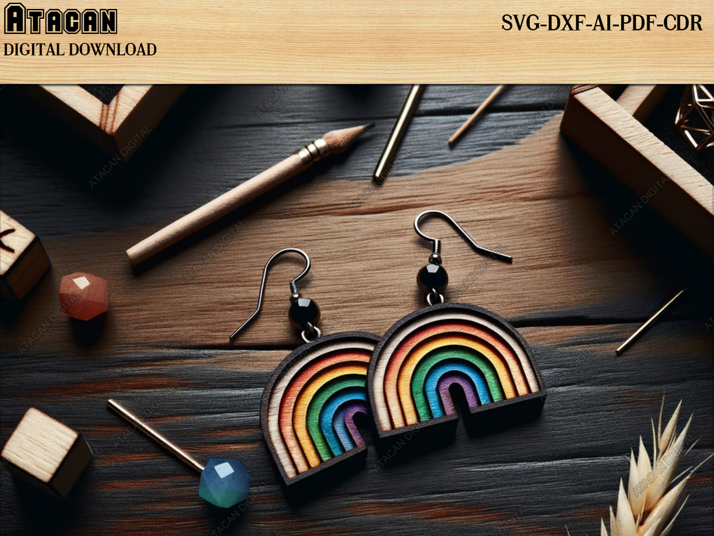 Arch Rainbow Wooden Earrings - Colorful Artisan Laser Cut Jewelry Files 540