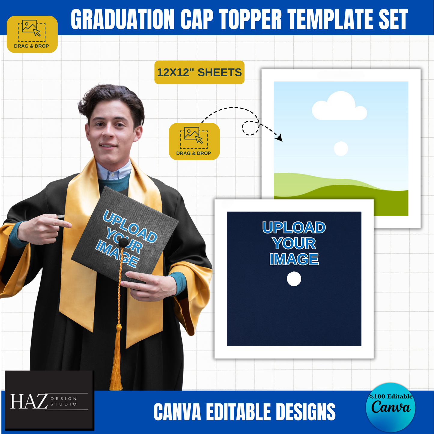 Graduation Cap Topper Template Set – 8 Editable Canva Designs in 12x12” for Memorable Grad Moments 360