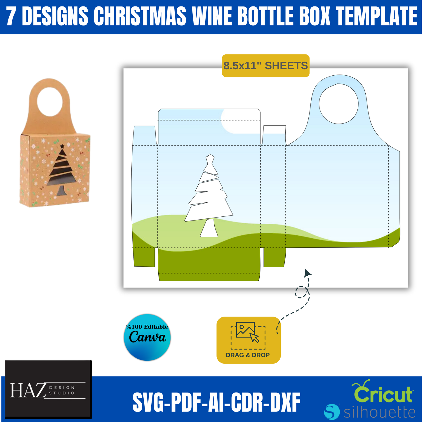 Christmas Wine Bottle Box Template Set with 7 Festive Designs | SVG-DXF-PDF Compatible with Canva & Cricut 371