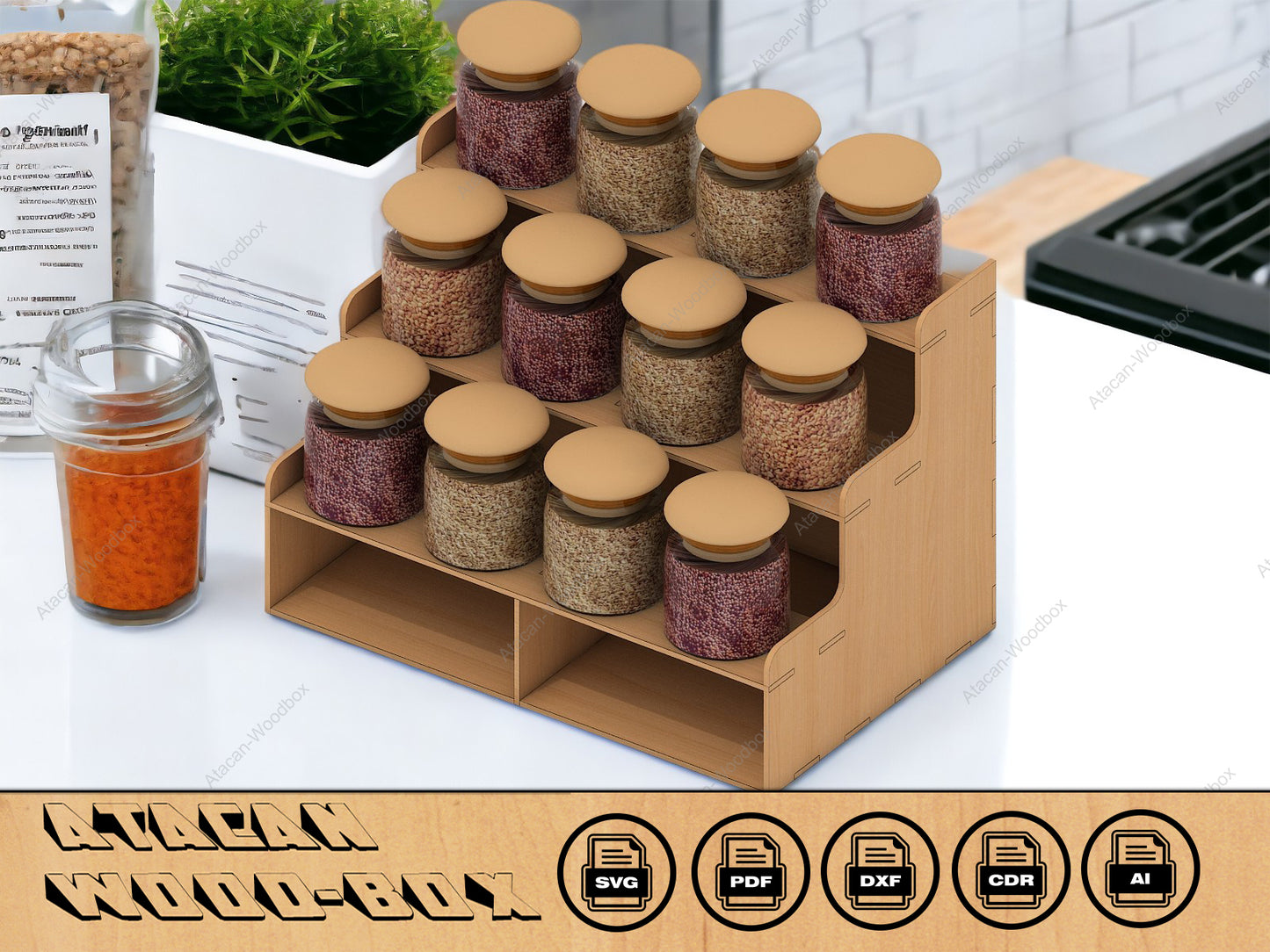 Spice Rack Laser cut SVG Files - Wooden Organiser - Glowforge Laser cut Plan 187