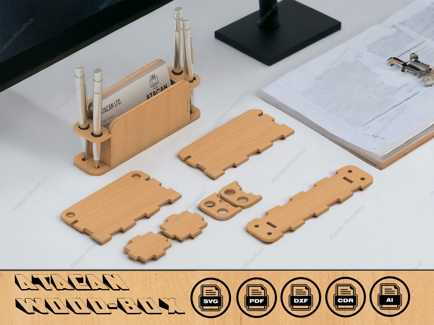 Business Card Holder Laser Cut SVG File - Wood Desk Organiser Accessories - Download Glowforge Cut file 100