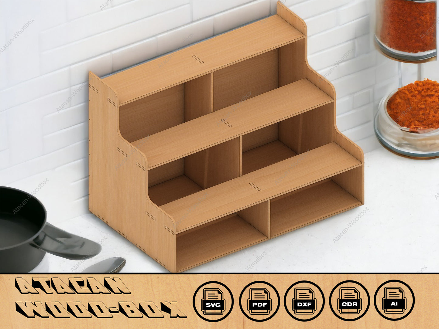 Spice Rack Laser cut SVG Files - Wooden Organiser - Glowforge Laser cut Plan 187