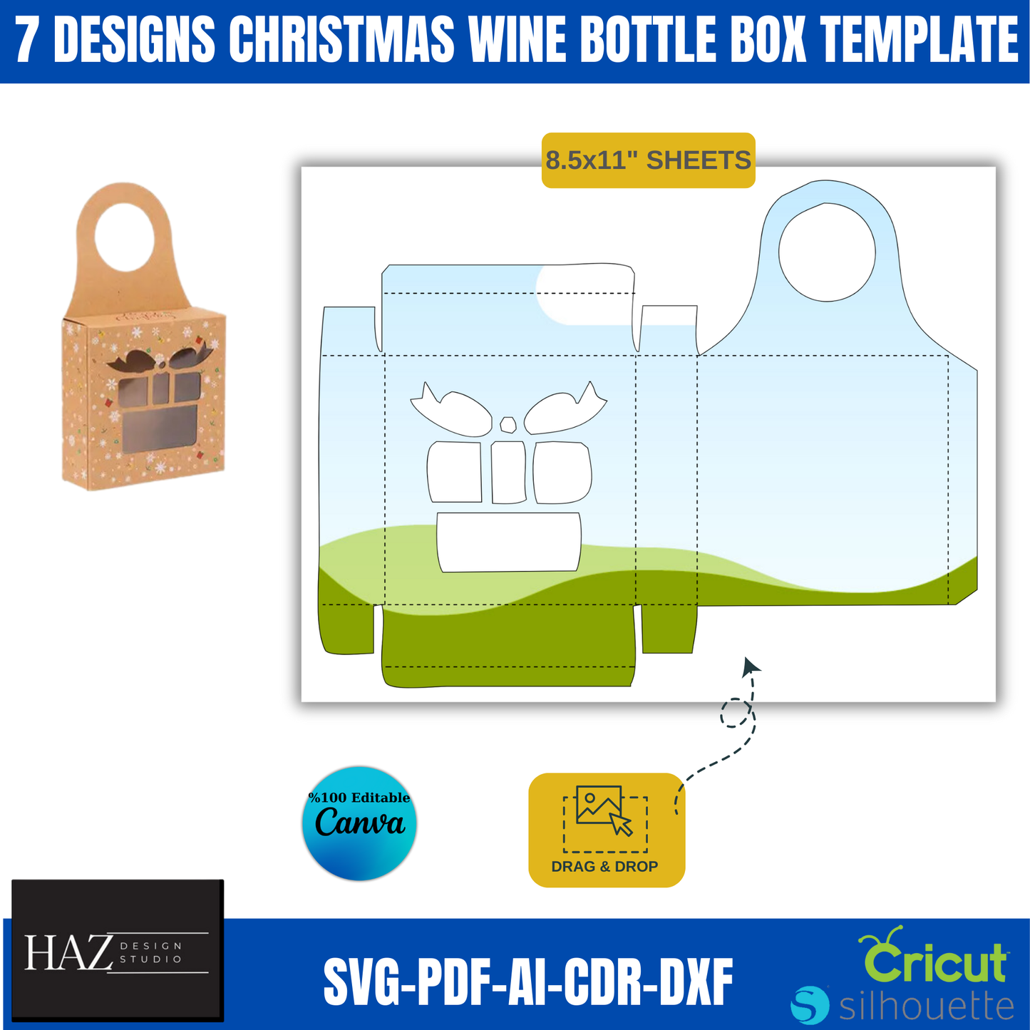 Christmas Wine Bottle Box Template Set with 7 Festive Designs | SVG-DXF-PDF Compatible with Canva & Cricut 371