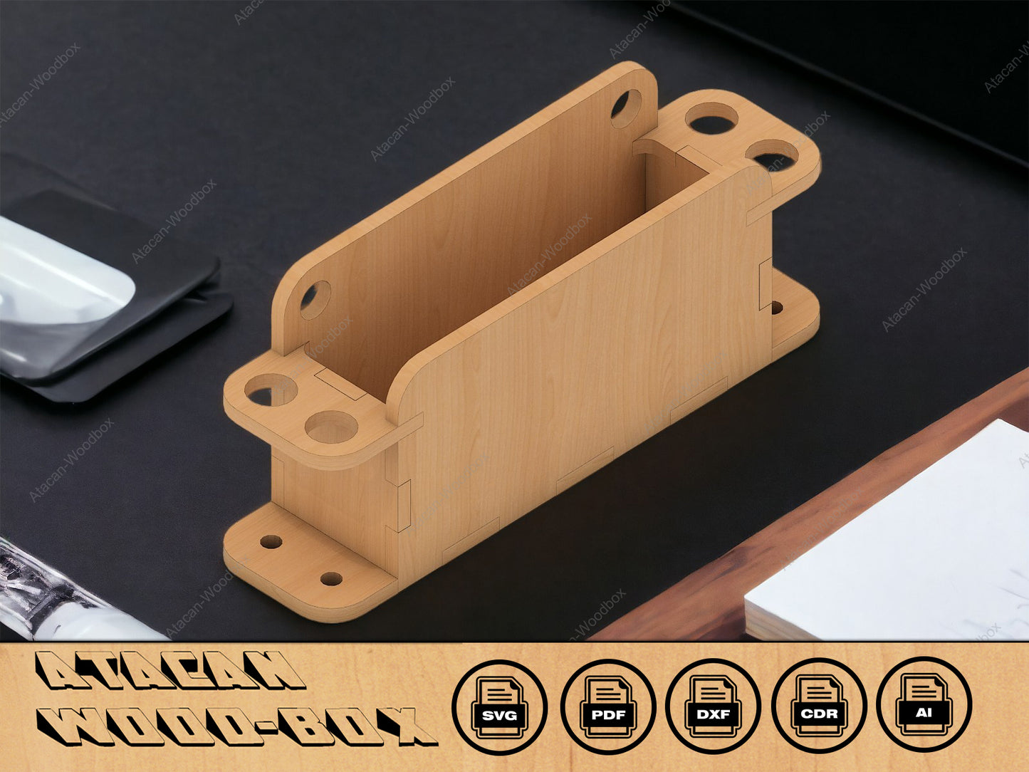 Business Card Holder Laser Cut SVG File - Wood Desk Organiser Accessories - Download Glowforge Cut file 100