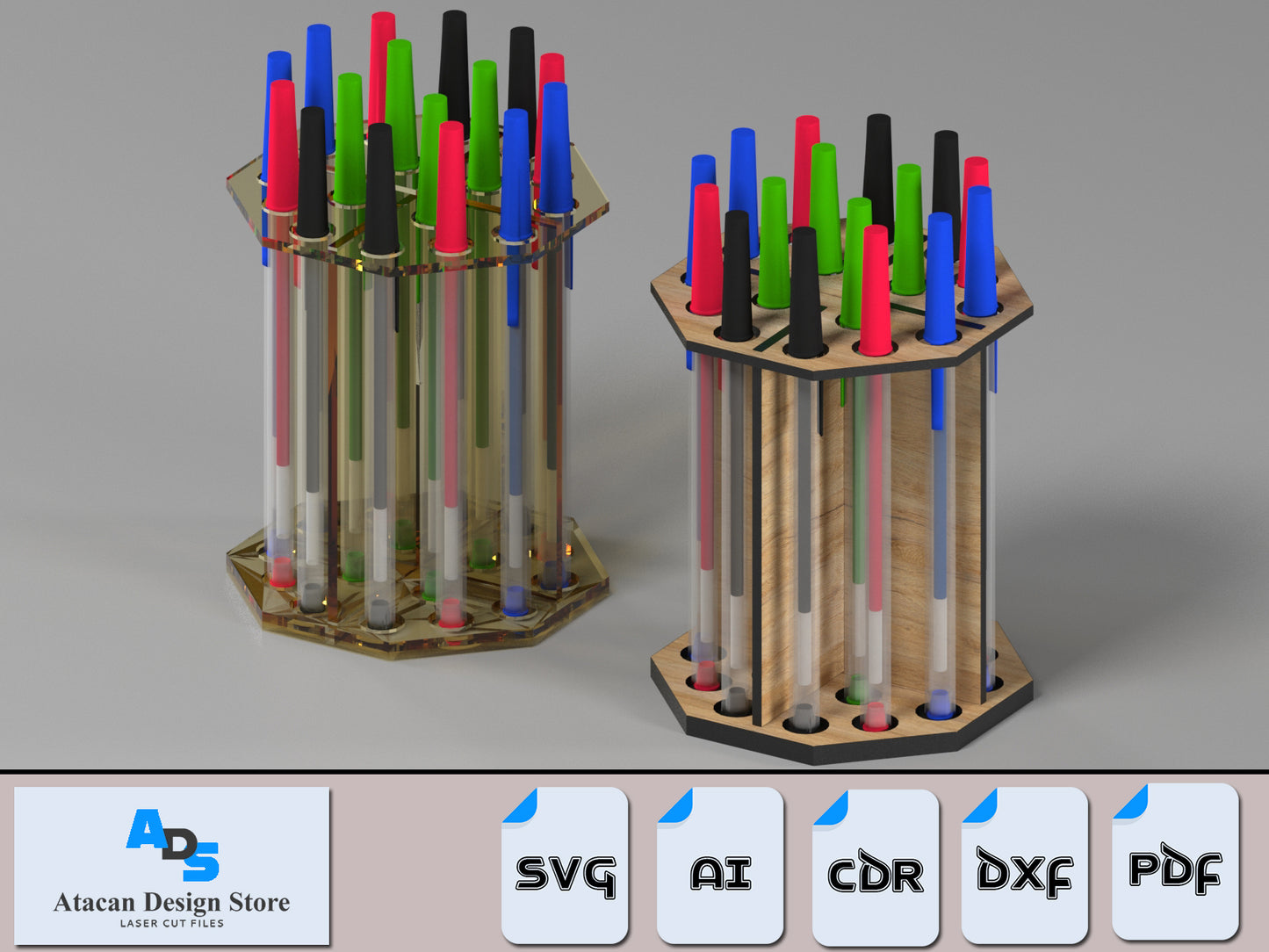 DIY Pencil Display Stand - Makeup Brush Holder Organizer - Laser Cut Templates for Desk and Vanity Organization 417