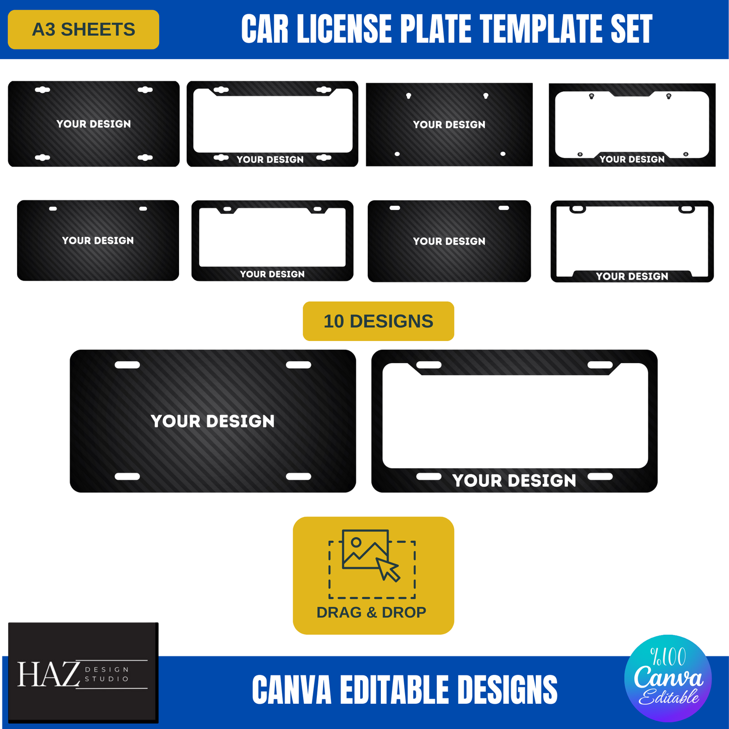 Customizable Car License Plate Frame Template Set | Editable Canva Designs | 10 Unique Styles 354