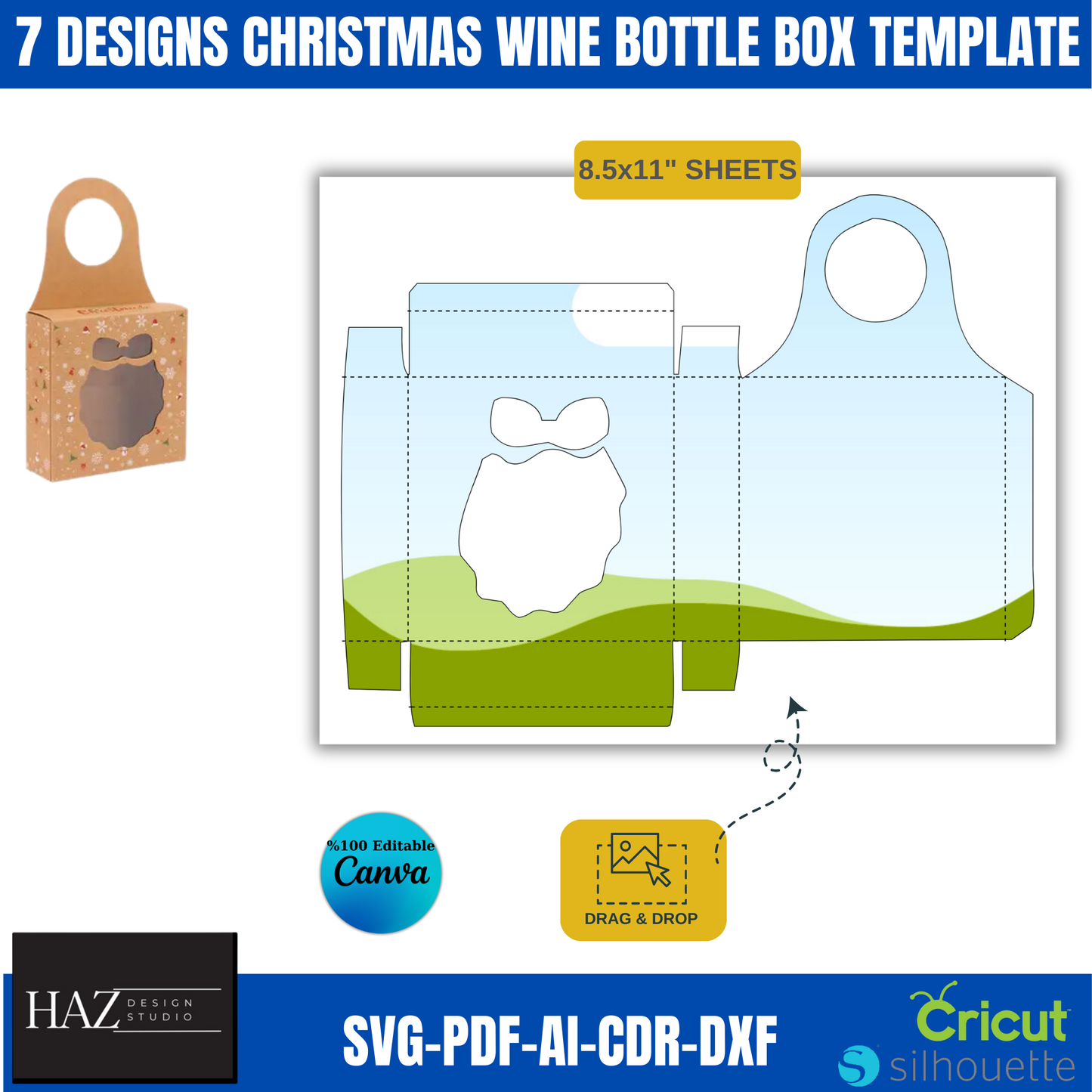 Christmas Wine Bottle Box Template Set with 7 Festive Designs | SVG-DXF-PDF Compatible with Canva & Cricut 371