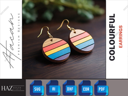Vibrant Striped Wooden Earrings - Multi-Colored Laser Cut Jewelry Design Files 255