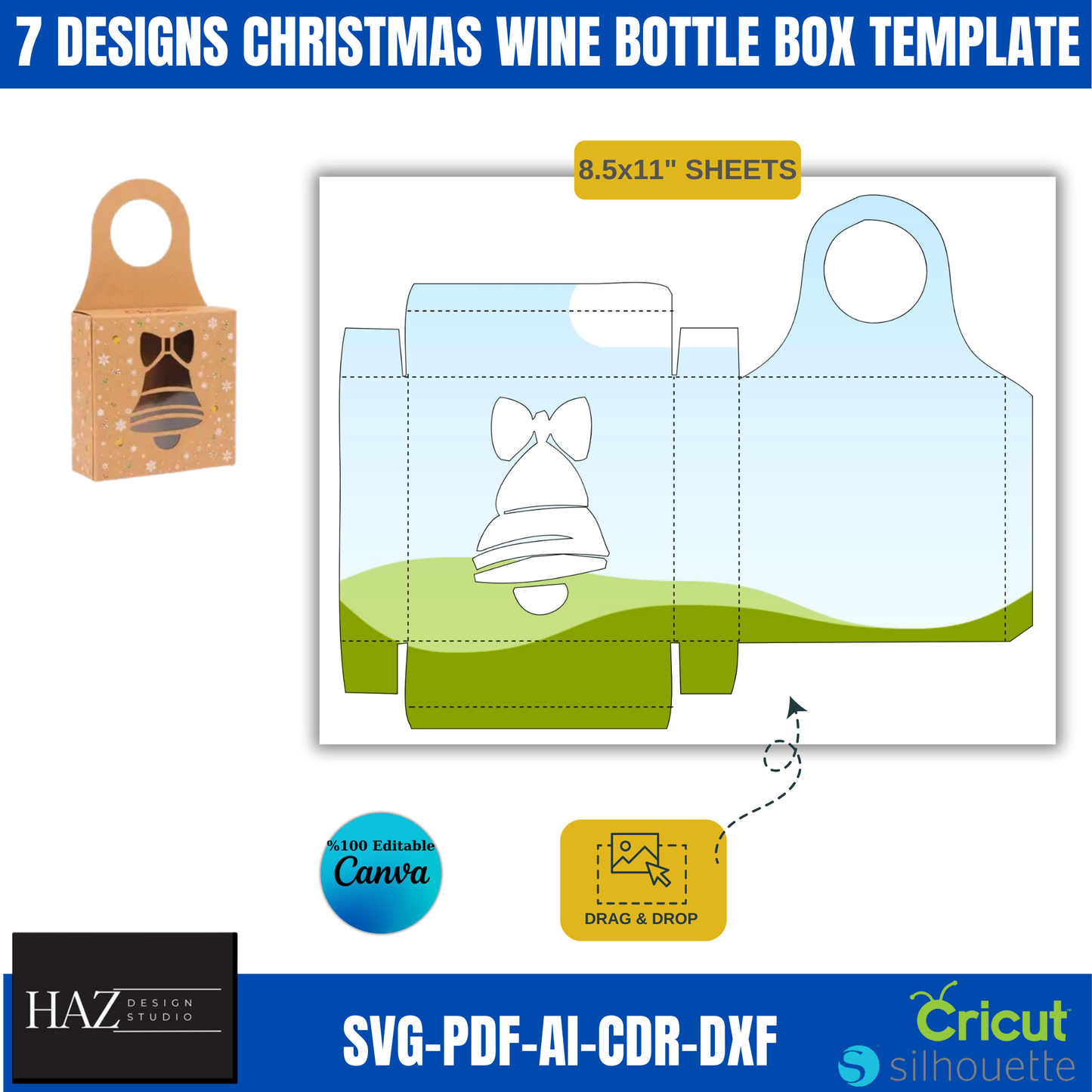 Christmas Wine Bottle Box Template Set with 7 Festive Designs | SVG-DXF-PDF Compatible with Canva & Cricut 371