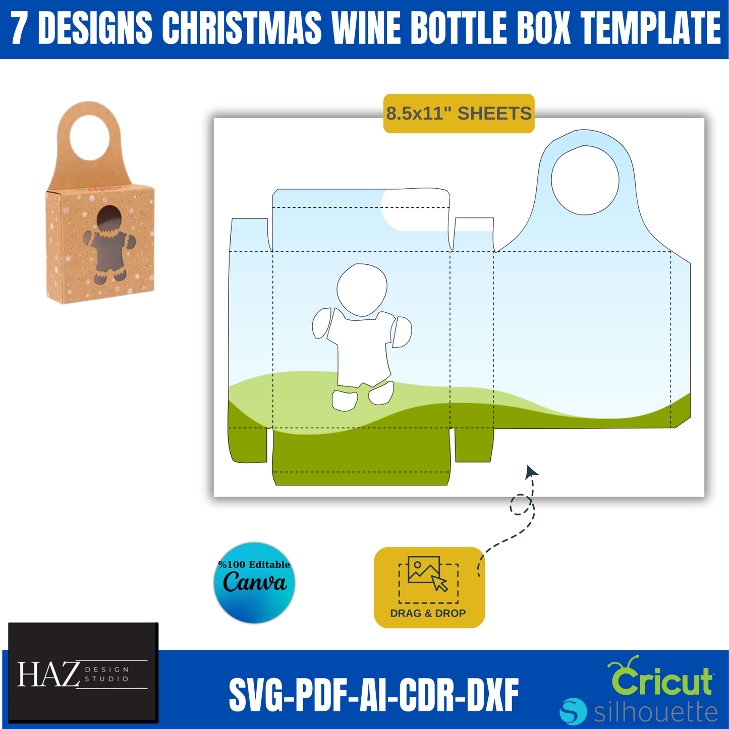 Christmas Wine Bottle Box Template Set with 7 Festive Designs | SVG-DXF-PDF Compatible with Canva & Cricut 371