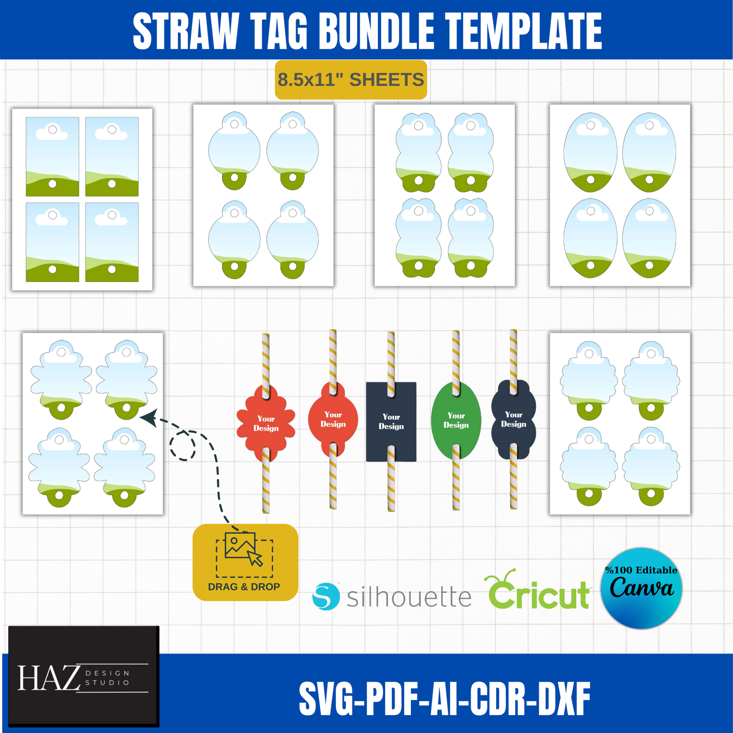 Straw Tag Bundle Template | Editable 8.5x11” svg, PDF, ai, CDR, DXF Files | Perfect for Cricut & Silhouette Users 375