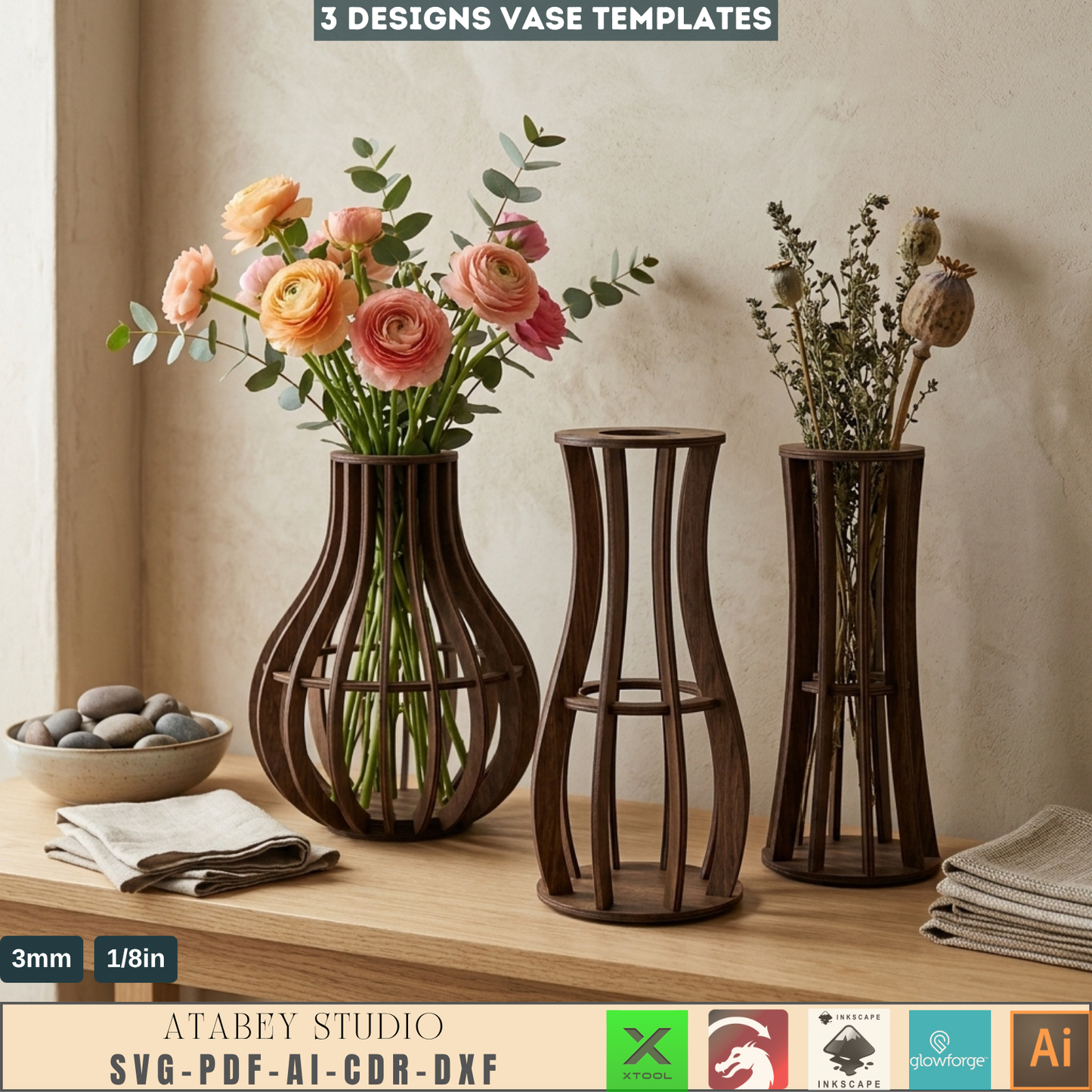 Wooden Vase Templates Set of 3 Slat Vase Designs Minimalist Table Decor Flower Stands 1002