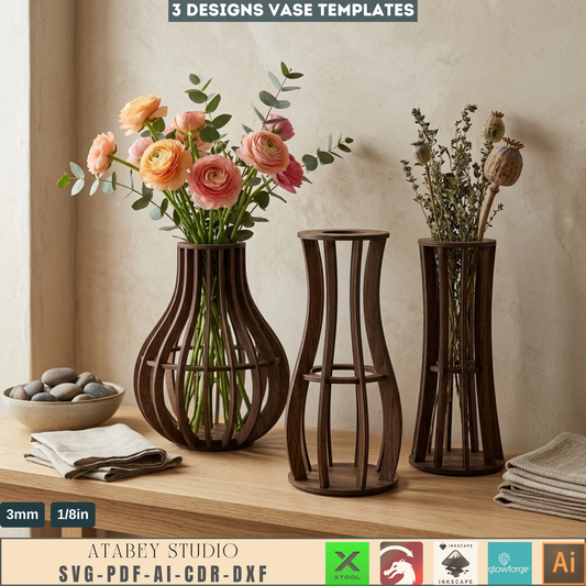 Wooden Vase Templates Set of 3 Slat Vase Designs Minimalist Table Decor Flower Stands 1002