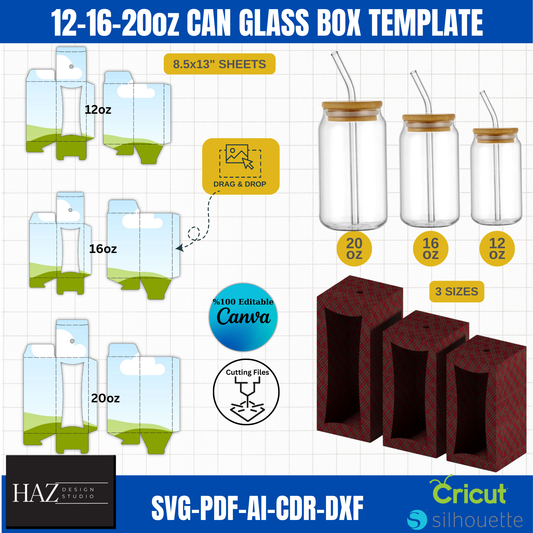 Digital Can Glass Box Template Bundle | 12-16-20oz | svg PDF ai CDR dxf Files for Cricut, Silhouette  UV Printing 387