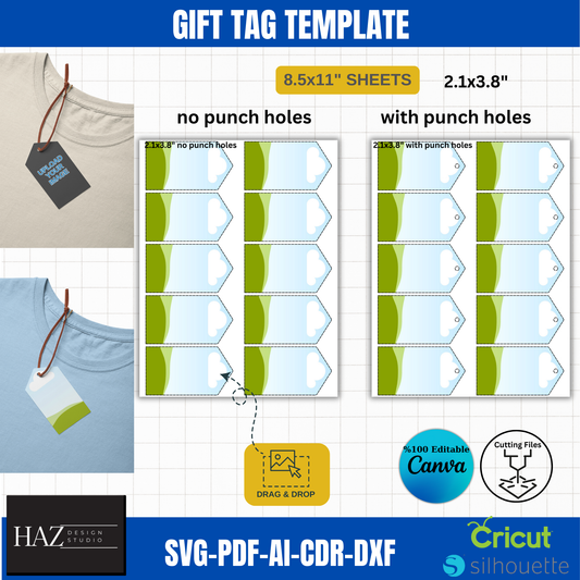 Gift Tag Template with Punch Hole Options | 2.1x3.8" Editable for Canva, Cricut, & Silhouette | Instant Download 382