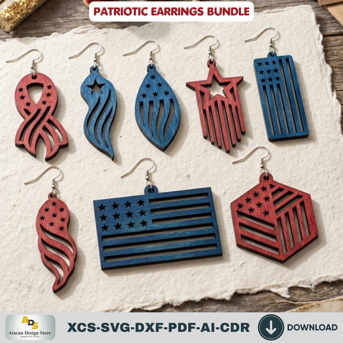 Patriotic Earrings Laser Cut Bundle, 4th of July USA Flag Acrylic Jewelry Template, Veteran Gift Design