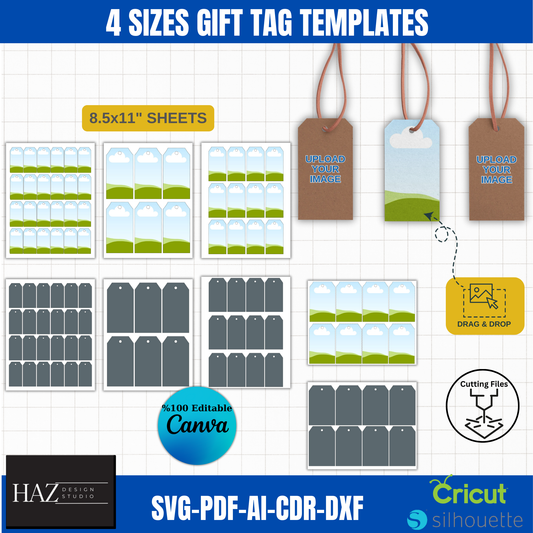 Gift Tag Template Set 4 Sizes | Customizable svg PDF AI DXF for Cricut, Silhouette & Canva | Instant Download 385