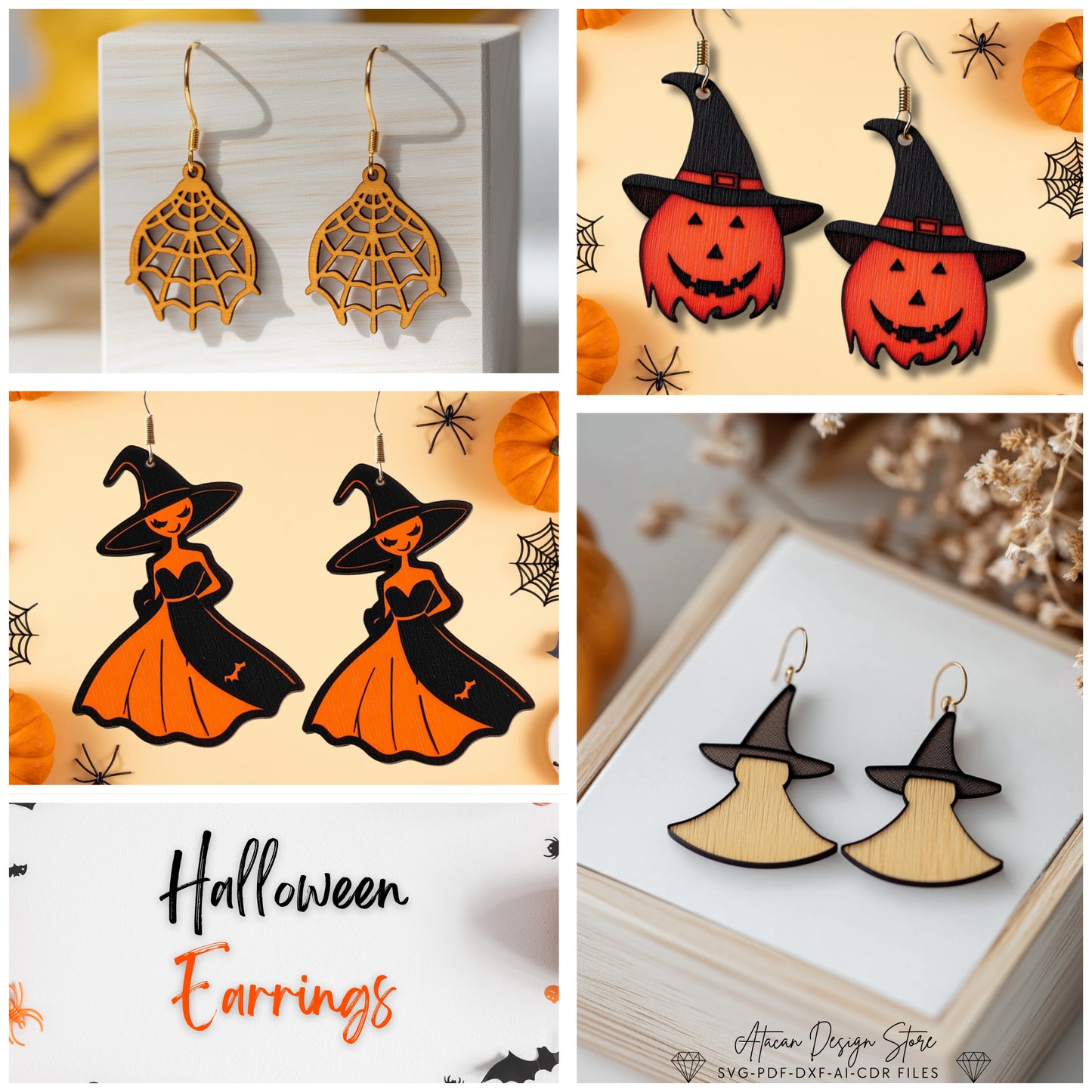 Spooky Halloween Earring Templates - Witch Hat, Pumpkin Faces, and Webs for Laser Cut Projects 719