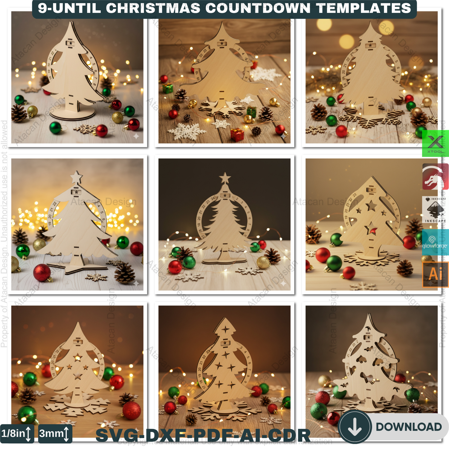 Christmas Tree Advent Calendar Laser Cut Template Bundle Wooden Countdown Stand Glowforge Xtool Files 915