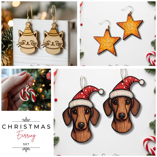 Festive Christmas Earring Templates - Dachshund, Star, and Cat Designs for Laser Cut Jewelry 716