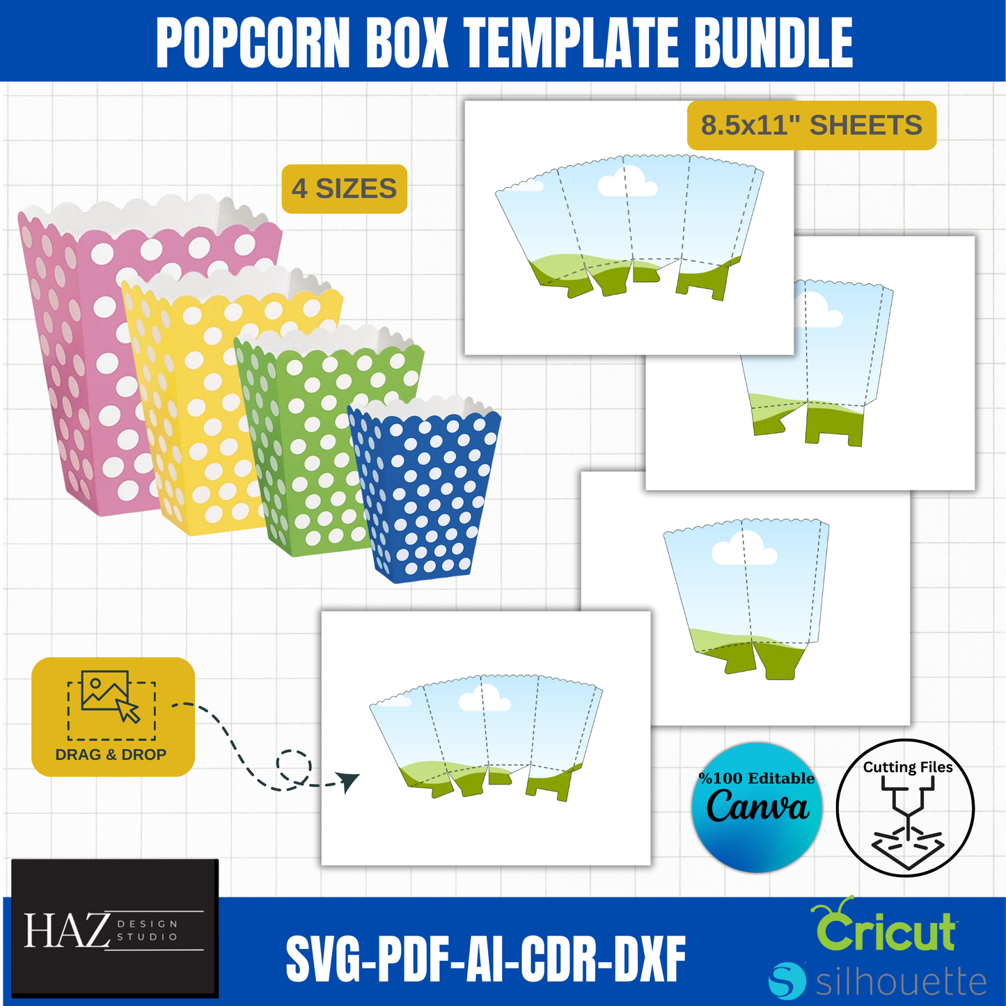 DIY Popcorn Box Template Bundle | 4 Sizes SVG PDF ai for Cricut & Silhouette | 100% Canva Compatible 384