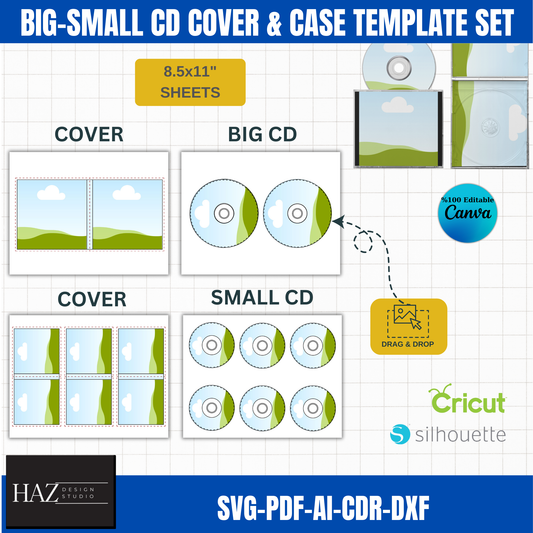 Customizable CD cover  case Template Bundle  big & small CD Sizes  svg, pdf, ai, CDR for Canva 377