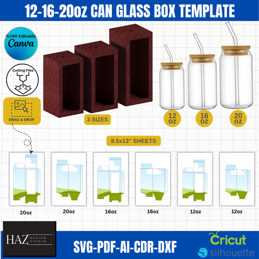 Can Glass Box Template Bundle for 12oz, 16oz, 20oz | svg, PDF, ai, CDR, DXF Files for Cricut, Silhouette 386