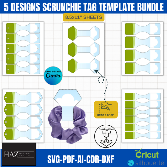 Scrunchie Tag Template Pack - 5 Unique Designs in svg PDF ai DXF CDR - Canva Editable - For Cricut Silhouette, 8.5x11 Sheets 381