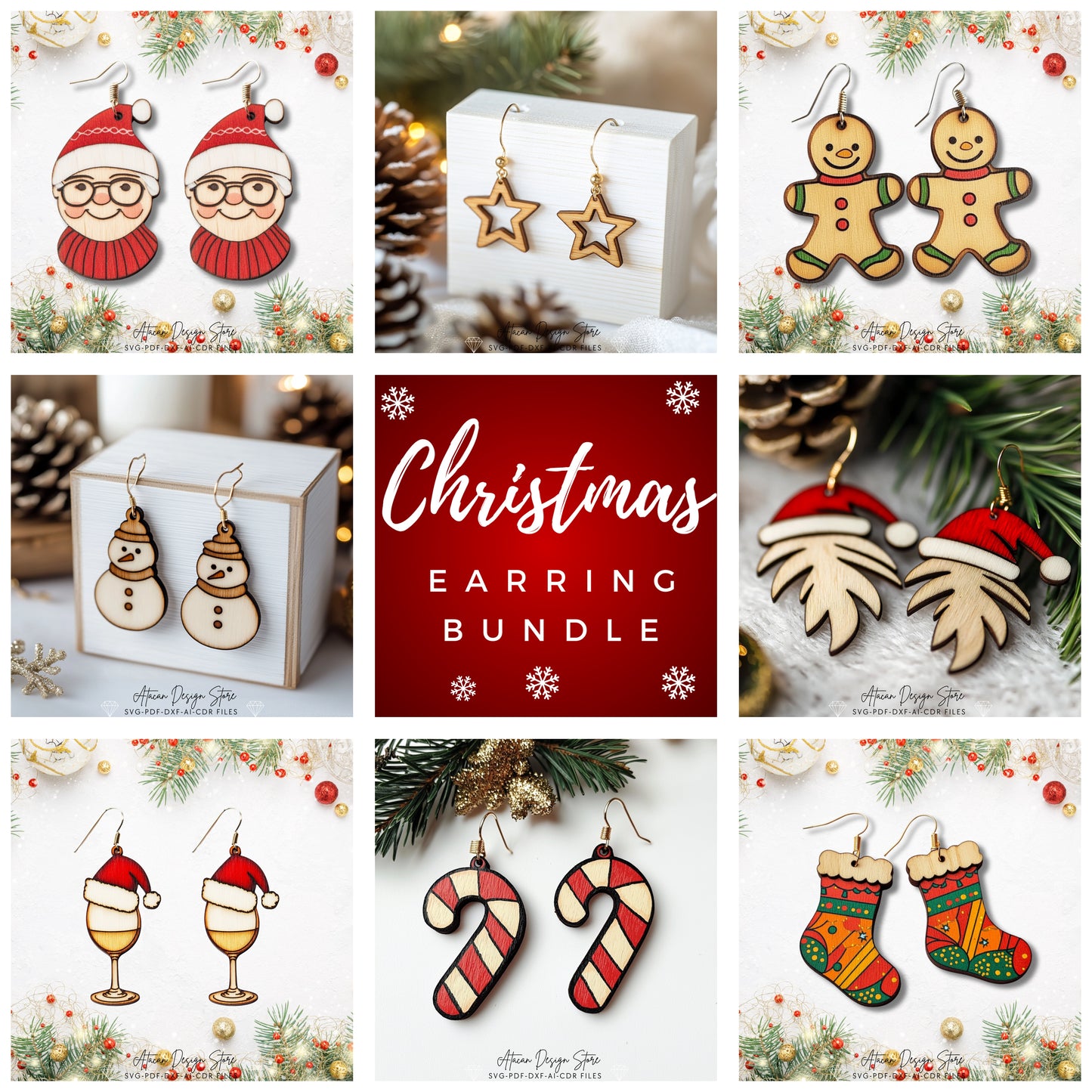 Christmas Earring Bundle - Festive Santa, Star, Gingerbread & Stocking Laser Cut Designs 708