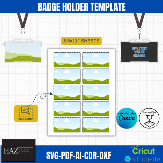 Badge Holder Template svg PDF DXF - 8.5x11” Sheets for Cricut Silhouette - Editable with Canva - Perfect for DIY and Events 380