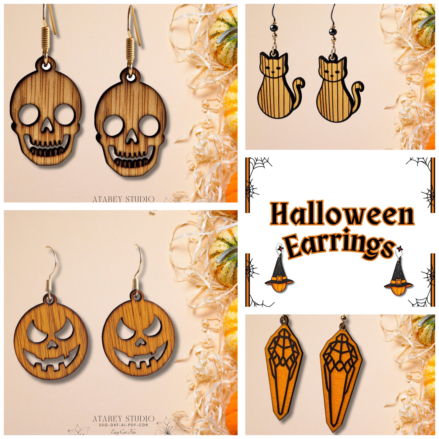 Laser Cut Halloween Earrings - Unique Skull, Cat, Pumpkin & Coffin Template Bundle 880