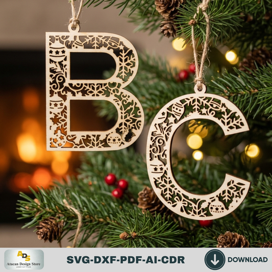Laser Cut Alphabet Christmas Ornaments, Snowflake Initial Letters A to Z, Xmas Gift Tags 997