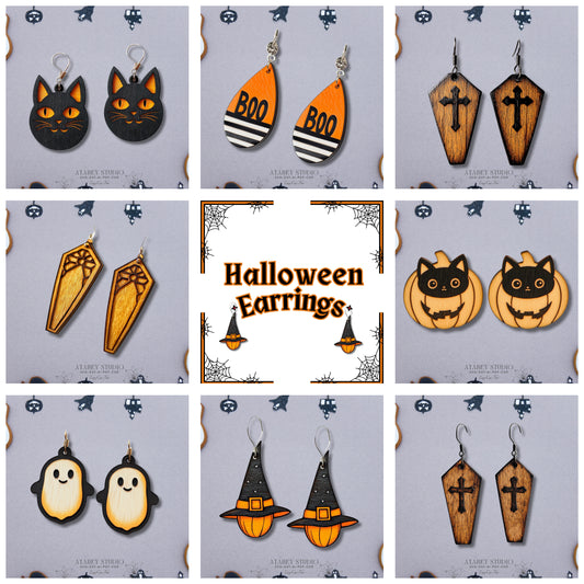 Halloween Earring Bundle - Black Cat, Ghost, Witch Hat & Coffin Designs for Laser Cutting 881