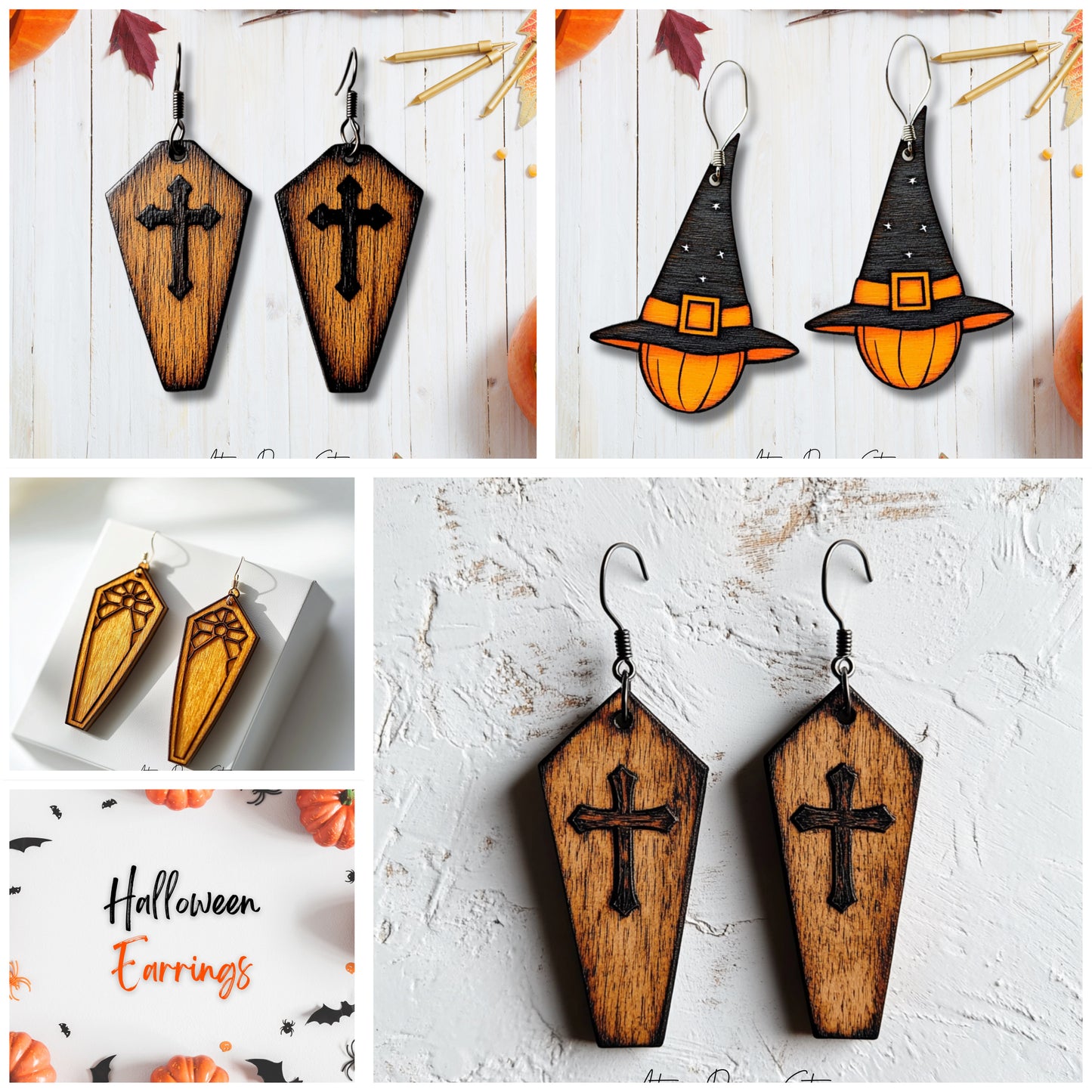 Halloween Earring Bundle - Spooky Coffin, Witch Hat, Ghost & Cat Designs for Laser Cutting 722